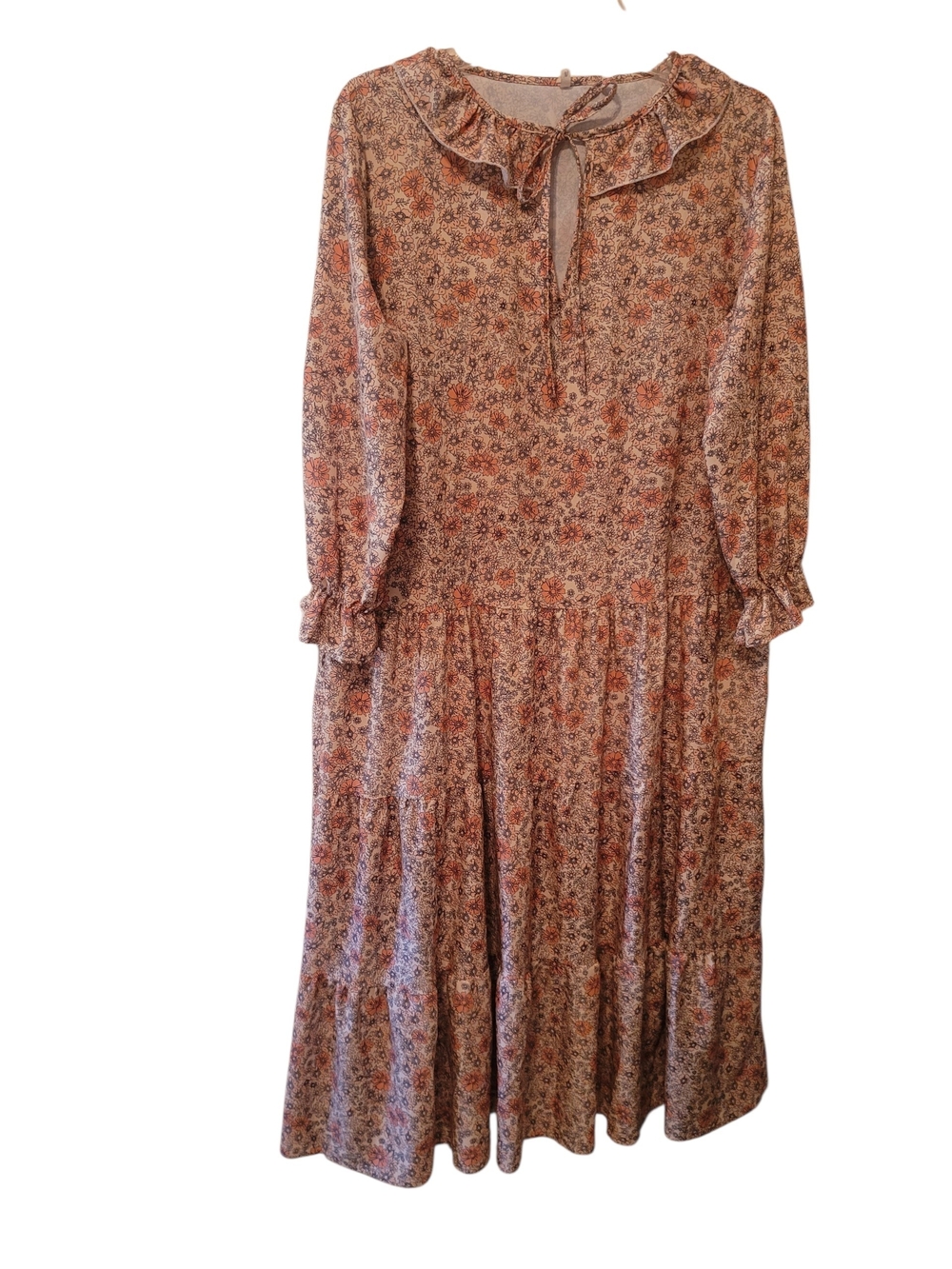 Floral Ruffle Neck Long Sleeve Maxi Dress - Rust Floral.